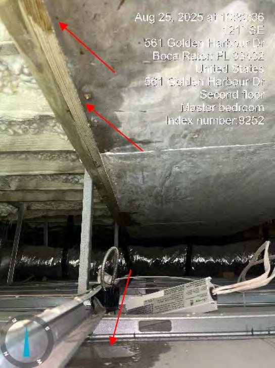 Water intrusion at overhead structural beam — master bedroom